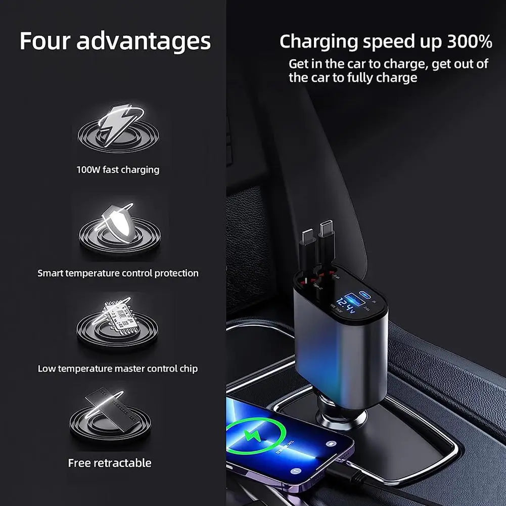 4-in-1 Retractable Car Charger with USB-C Fast Charging