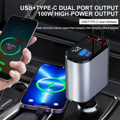 4-in-1 Retractable Car Charger with USB-C Fast Charging