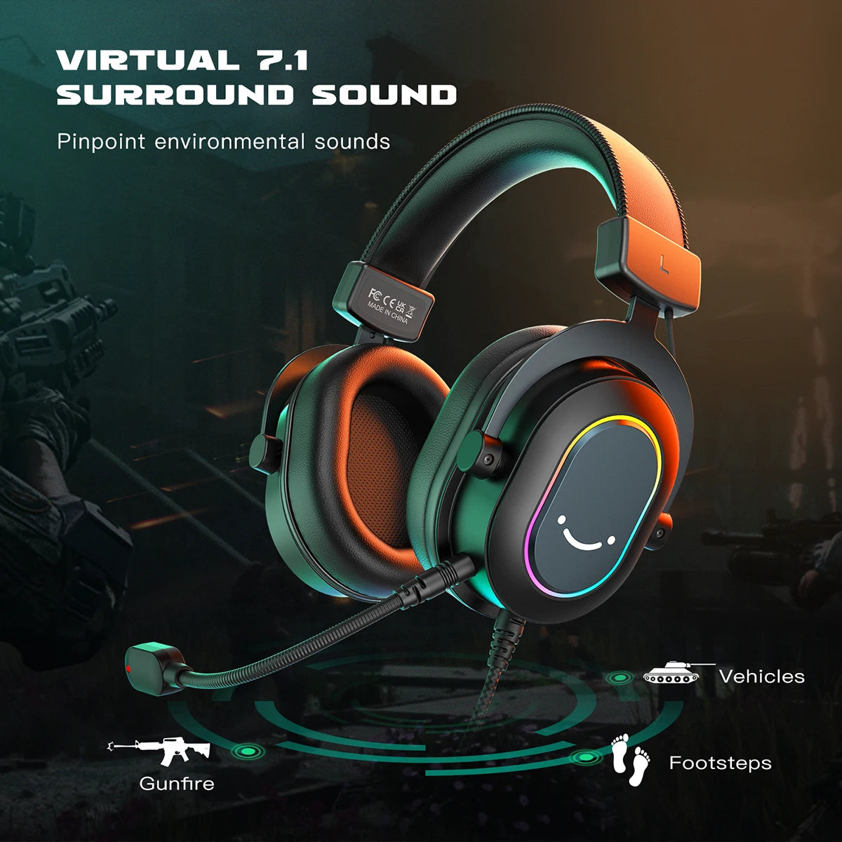 Dynamic RGB Gaming Headset with Mic Over-Ear Headphones 7.1 Surround Sound PC PS4 PS5 3 EQ Options Game Movie Music